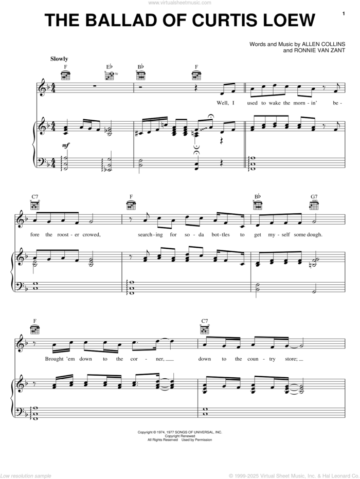 The Ballad Of Curtis Loew sheet music for voice, piano or guitar by Lynyrd Skynyrd, Allen Collins and Ronnie Van Zant, intermediate skill level