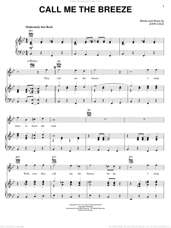 Call Me The Breeze sheet music for voice, piano or guitar by Lynyrd Skynyrd and John Cale, intermediate skill level