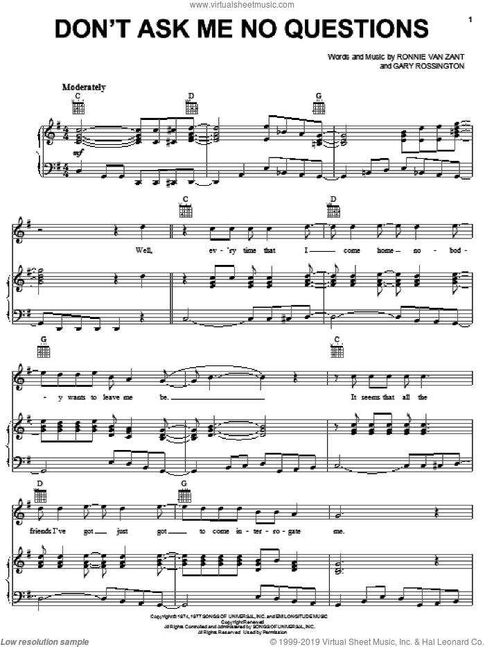Don't Ask Me No Questions sheet music for voice, piano or guitar by Lynyrd Skynyrd, Gary Rossington and Ronnie Van Zant, intermediate skill level