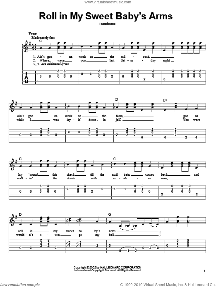 Roll In My Sweet Baby's Arms sheet music for guitar solo, intermediate skill level