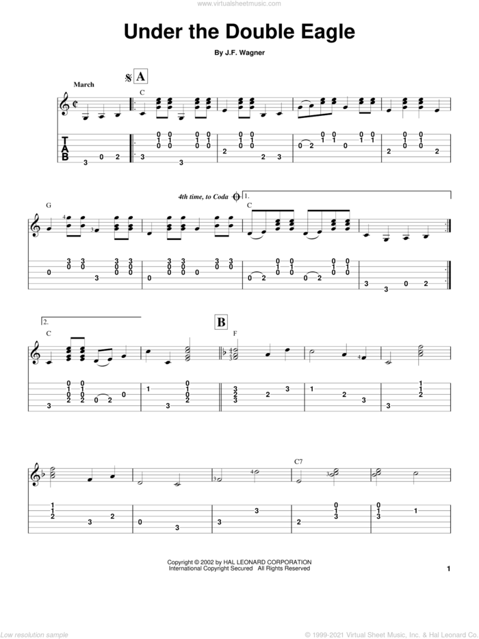 Under The Double Eagle sheet music for guitar solo by Josef Franz Wagner, classical score, intermediate skill level