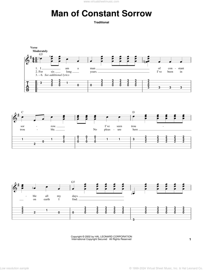 Man Of Constant Sorrow, (intermediate) sheet music for guitar solo, intermediate skill level