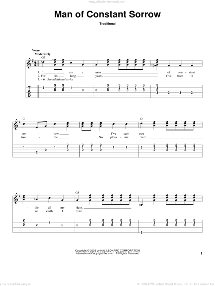 Man Of Constant Sorrow, (intermediate) sheet music for guitar solo, intermediate skill level