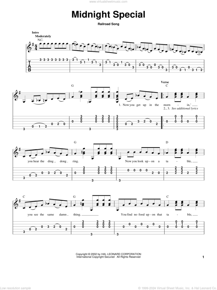 Midnight Special sheet music for guitar solo, intermediate skill level