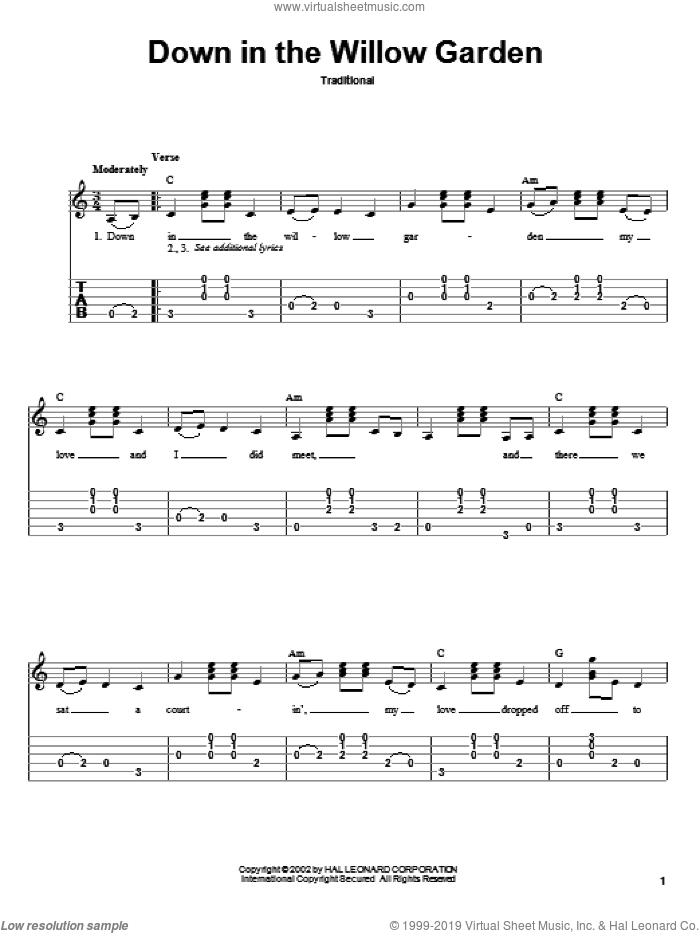 Down In The Willow Garden sheet music for guitar solo, intermediate skill level