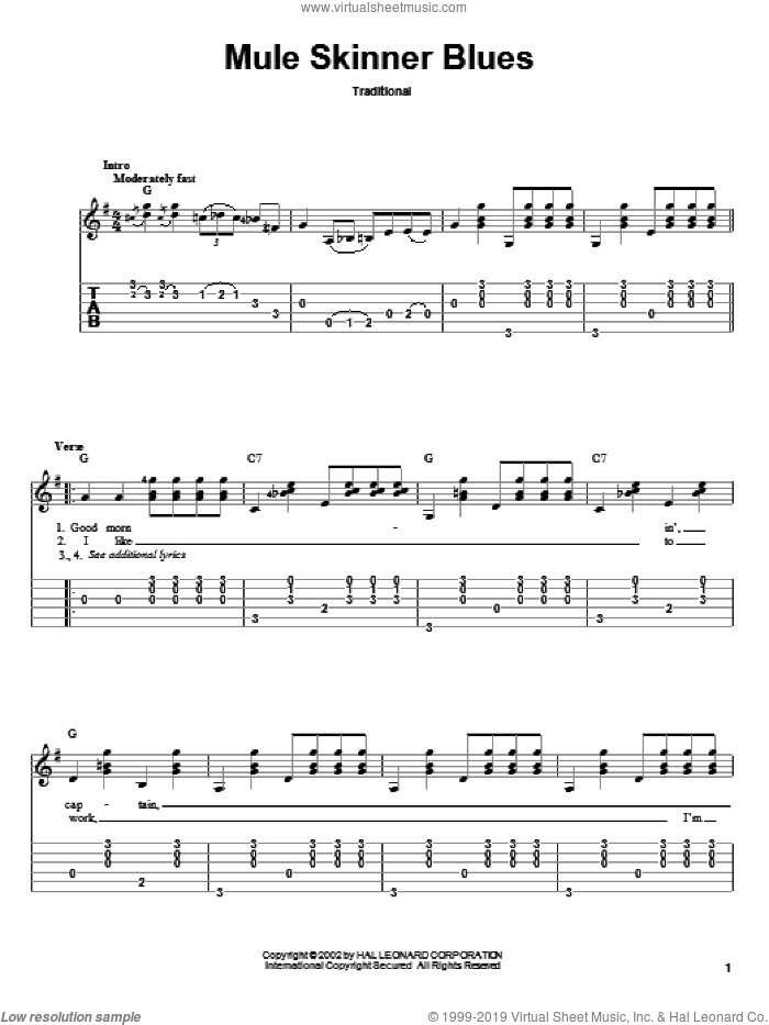 Mule Skinner Blues sheet music for guitar solo by Jimmie Rodgers and Miscellaneous, intermediate skill level