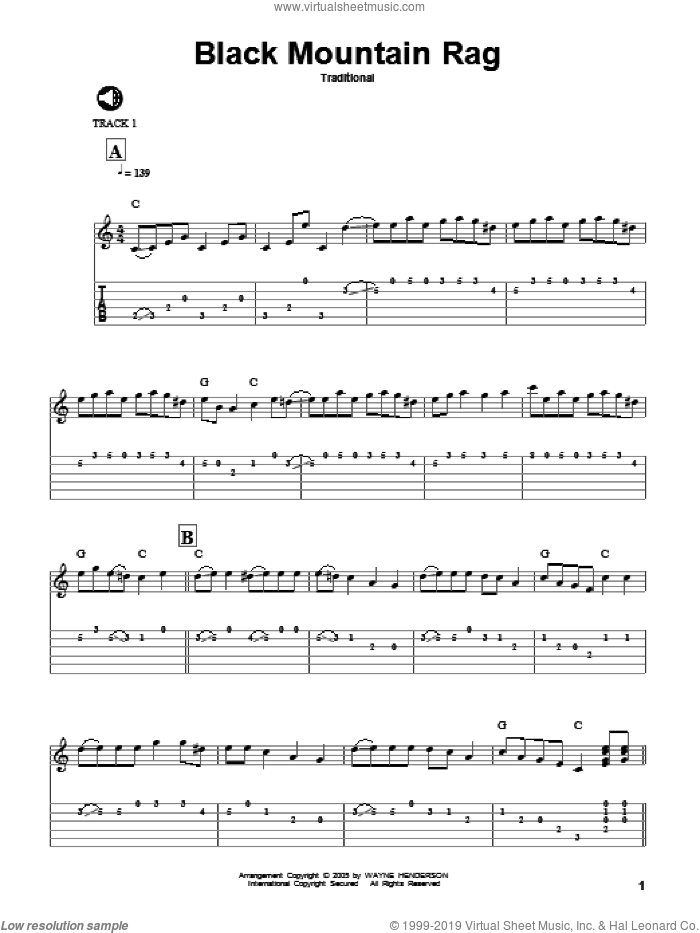 Black Mountain Rag sheet music for guitar solo  and Wayne Henderson, intermediate skill level