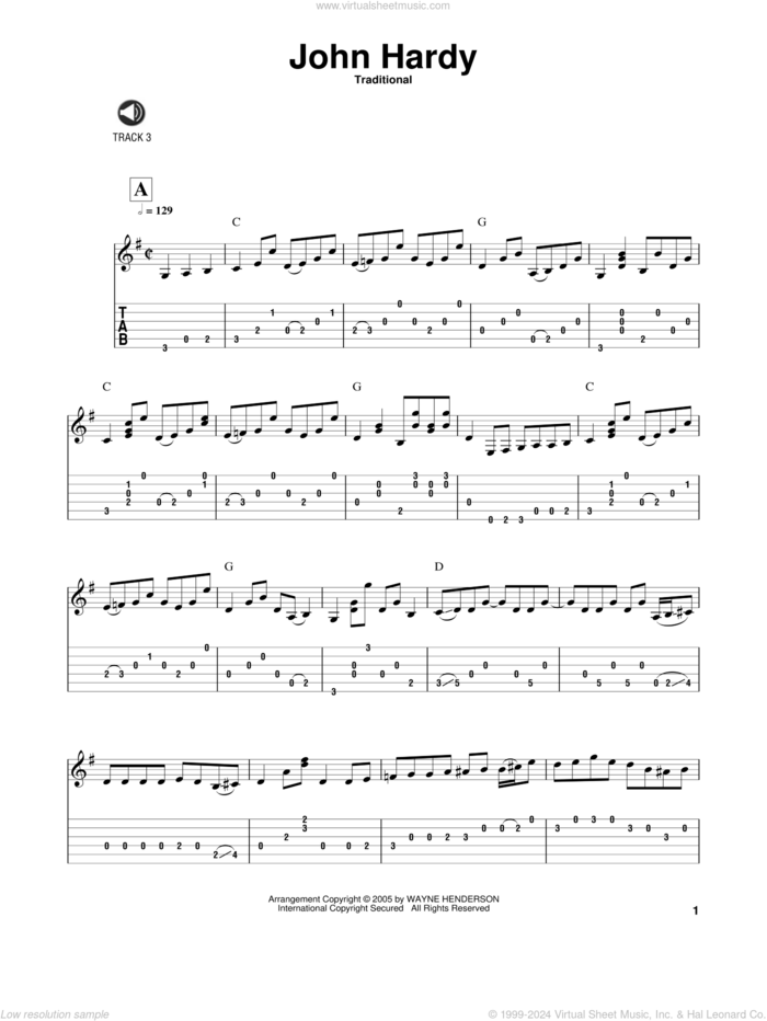 John Hardy sheet music for guitar solo  and Wayne Henderson, intermediate skill level