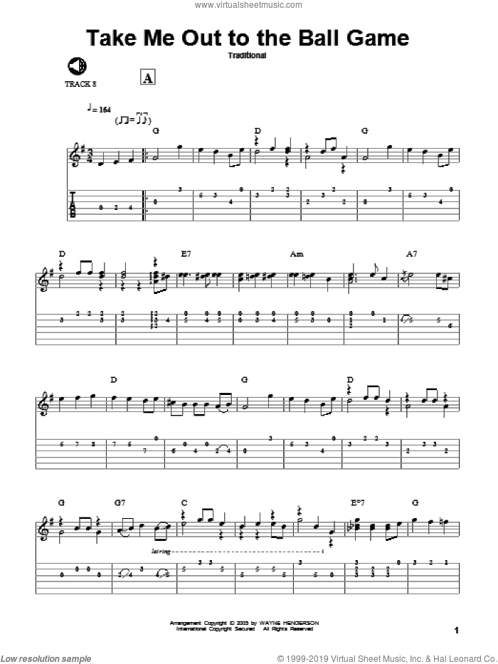 Take Me Out To The Ball Game sheet music for guitar solo by Jack Norworth, Wayne Henderson and Albert von Tilzer, intermediate skill level