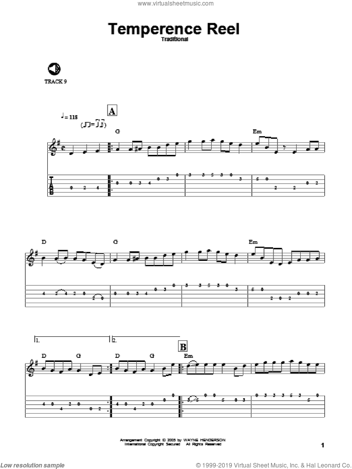 Temperence Reel sheet music for guitar solo  and Wayne Henderson, intermediate skill level