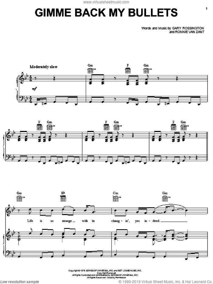 Gimme Back My Bullets sheet music for voice, piano or guitar by Lynyrd Skynyrd, Gary Rossington and Ronnie Van Zant, intermediate skill level