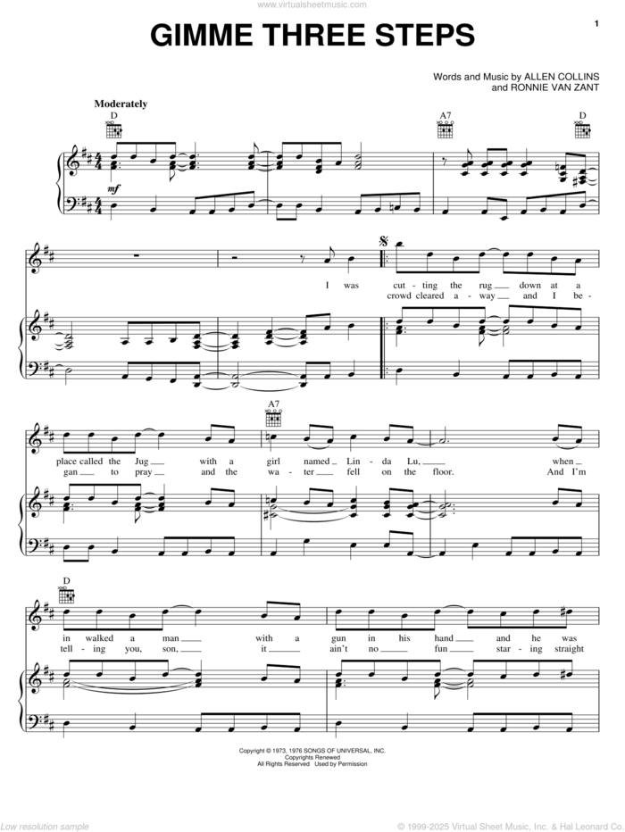 Gimme Three Steps sheet music for voice, piano or guitar by Lynyrd Skynyrd, Allen Collins and Ronnie Van Zant, intermediate skill level