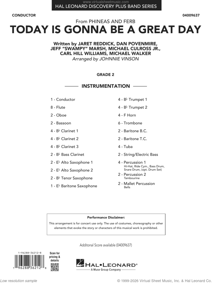 Today Is Gonna Be A Great Day sheet music for concert band (full score) by Carl Williams, Johnnie Vinson, Bowling For Soup, Phineas And Ferb, Dan Povenmire, Jeff 'Swampy' Marsh, Michael Culross and Michael Walker, intermediate skill level