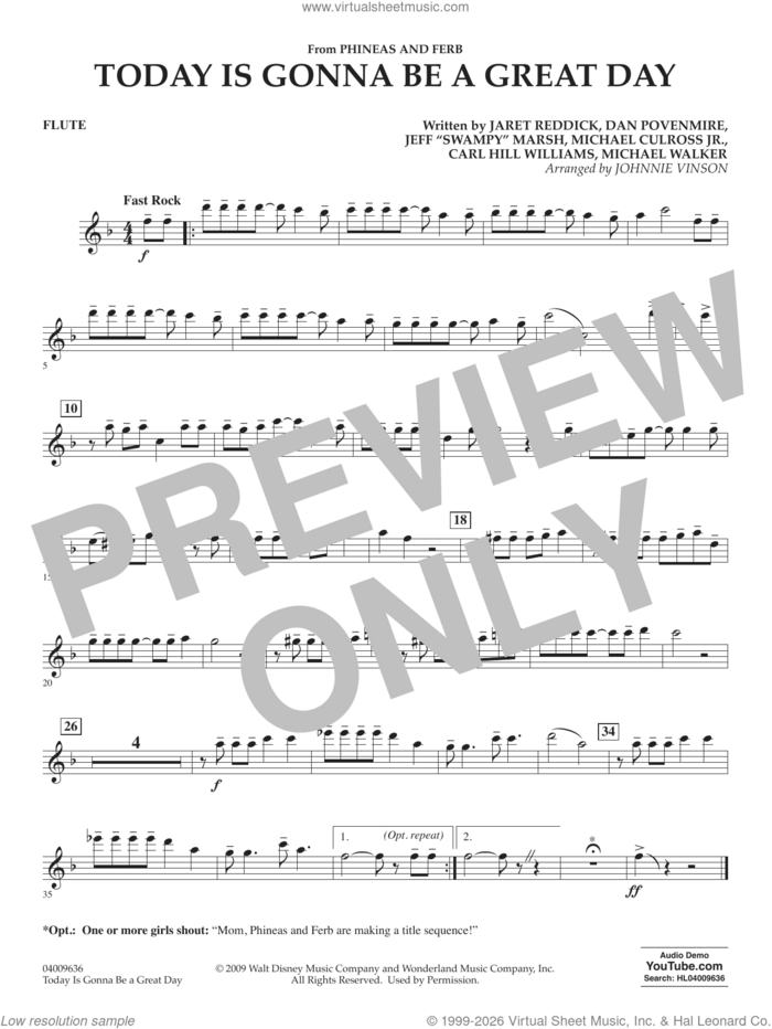 Today Is Gonna Be A Great Day sheet music for concert band (flute) by Carl Williams, Johnnie Vinson, Bowling For Soup, Phineas And Ferb, Dan Povenmire, Jeff 'Swampy' Marsh, Michael Culross and Michael Walker, intermediate skill level