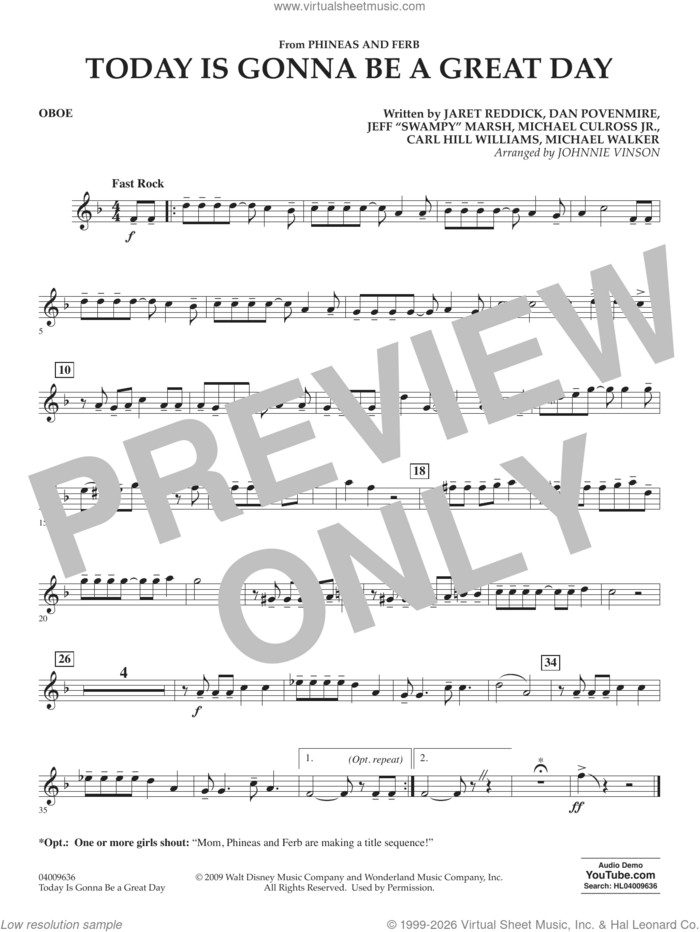 Today Is Gonna Be A Great Day sheet music for concert band (oboe) by Carl Williams, Johnnie Vinson, Bowling For Soup, Phineas And Ferb, Dan Povenmire, Jeff 'Swampy' Marsh, Michael Culross and Michael Walker, intermediate skill level