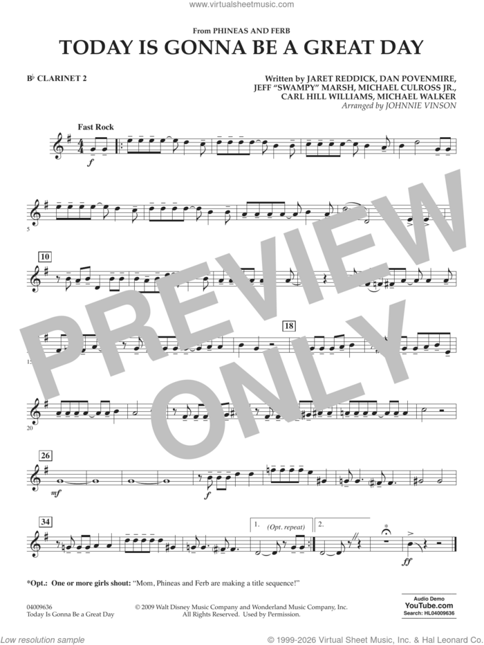 Today Is Gonna Be A Great Day sheet music for concert band (Bb clarinet 2) by Carl Williams, Johnnie Vinson, Bowling For Soup, Phineas And Ferb, Dan Povenmire, Jeff 'Swampy' Marsh, Michael Culross and Michael Walker, intermediate skill level