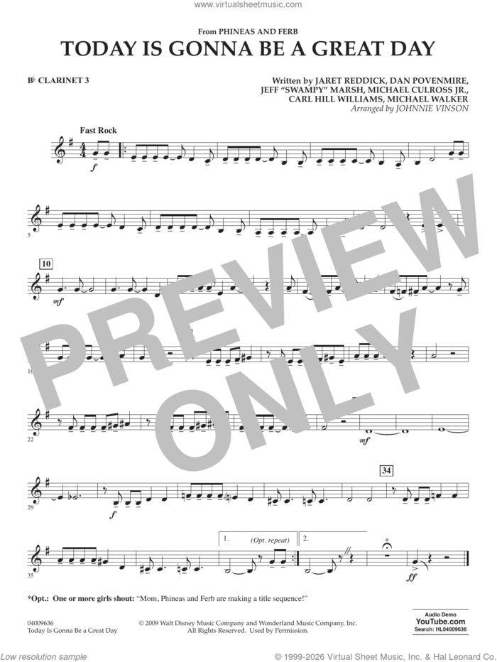 Today Is Gonna Be A Great Day sheet music for concert band (Bb clarinet 3) by Carl Williams, Johnnie Vinson, Bowling For Soup, Phineas And Ferb, Dan Povenmire, Jeff 'Swampy' Marsh, Michael Culross and Michael Walker, intermediate skill level