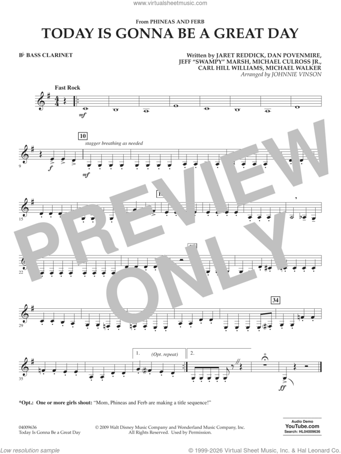 Today Is Gonna Be A Great Day sheet music for concert band (Bb bass clarinet) by Carl Williams, Johnnie Vinson, Bowling For Soup, Phineas And Ferb, Dan Povenmire, Jeff 'Swampy' Marsh, Michael Culross and Michael Walker, intermediate skill level