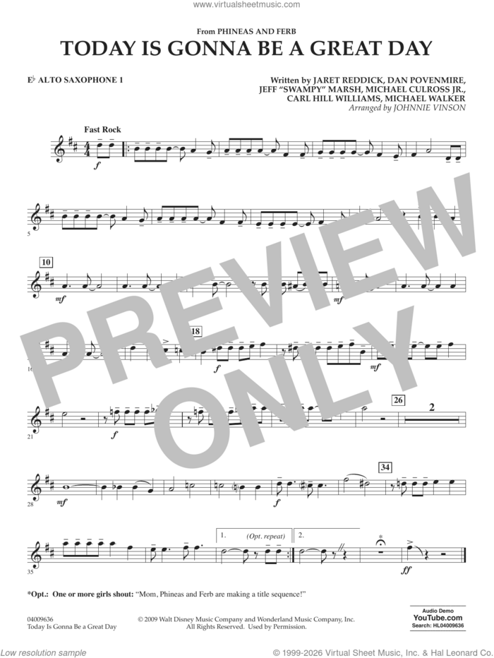 Today Is Gonna Be A Great Day sheet music for concert band (Eb alto saxophone 1) by Carl Williams, Johnnie Vinson, Bowling For Soup, Phineas And Ferb, Dan Povenmire, Jeff 'Swampy' Marsh, Michael Culross and Michael Walker, intermediate skill level
