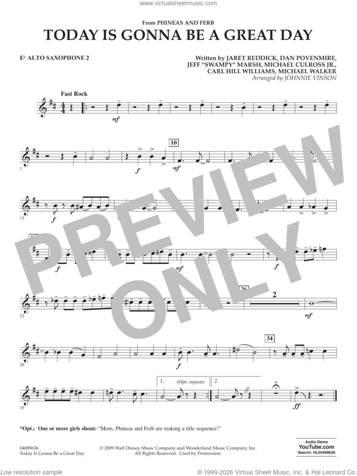 Today Is Gonna Be A Great Day sheet music for concert band (Eb alto saxophone 2) by Carl Williams, Johnnie Vinson, Bowling For Soup, Phineas And Ferb, Dan Povenmire, Jeff 'Swampy' Marsh, Michael Culross and Michael Walker, intermediate skill level