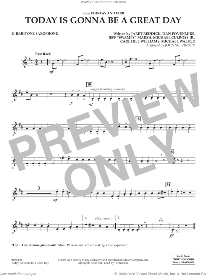 Today Is Gonna Be A Great Day sheet music for concert band (Eb baritone saxophone) by Carl Williams, Johnnie Vinson, Bowling For Soup, Phineas And Ferb, Dan Povenmire, Jeff 'Swampy' Marsh, Michael Culross and Michael Walker, intermediate skill level