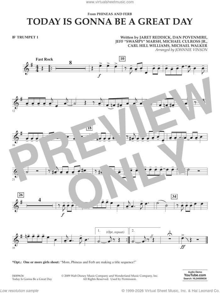 Today Is Gonna Be A Great Day sheet music for concert band (Bb trumpet 1) by Carl Williams, Johnnie Vinson, Bowling For Soup, Phineas And Ferb, Dan Povenmire, Jeff 'Swampy' Marsh, Michael Culross and Michael Walker, intermediate skill level