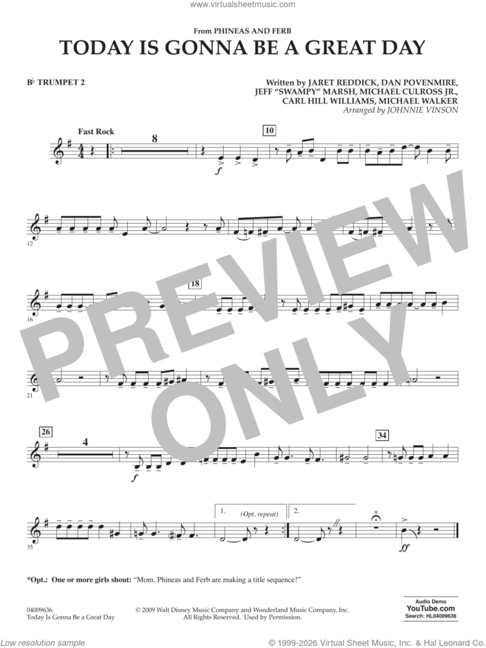 Today Is Gonna Be A Great Day sheet music for concert band (Bb trumpet 2) by Carl Williams, Johnnie Vinson, Bowling For Soup, Phineas And Ferb, Dan Povenmire, Jeff 'Swampy' Marsh, Michael Culross and Michael Walker, intermediate skill level