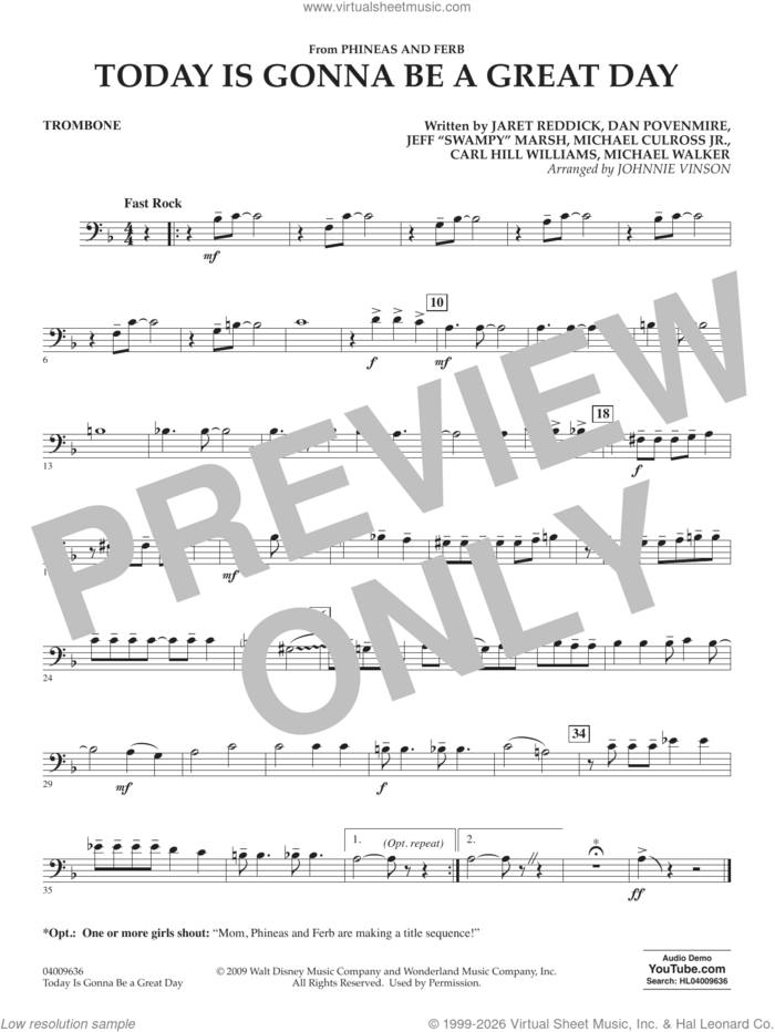 Today Is Gonna Be A Great Day sheet music for concert band (trombone) by Carl Williams, Johnnie Vinson, Bowling For Soup, Phineas And Ferb, Dan Povenmire, Jeff 'Swampy' Marsh, Michael Culross and Michael Walker, intermediate skill level