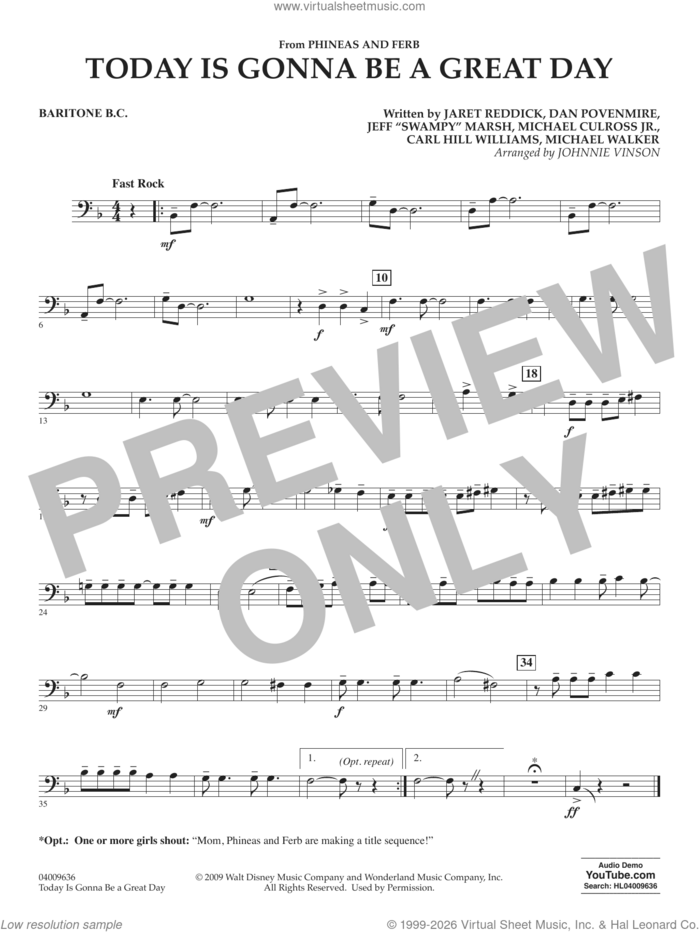 Today Is Gonna Be A Great Day sheet music for concert band (baritone b.c.) by Carl Williams, Johnnie Vinson, Bowling For Soup, Phineas And Ferb, Dan Povenmire, Jeff 'Swampy' Marsh, Michael Culross and Michael Walker, intermediate skill level