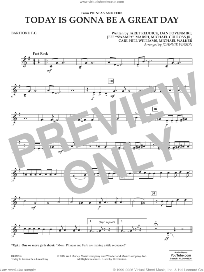 Today Is Gonna Be A Great Day sheet music for concert band (baritone t.c.) by Carl Williams, Johnnie Vinson, Bowling For Soup, Phineas And Ferb, Dan Povenmire, Jeff 'Swampy' Marsh, Michael Culross and Michael Walker, intermediate skill level