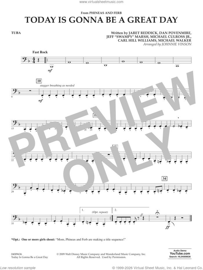 Today Is Gonna Be A Great Day sheet music for concert band (tuba) by Carl Williams, Johnnie Vinson, Bowling For Soup, Phineas And Ferb, Dan Povenmire, Jeff 'Swampy' Marsh, Michael Culross and Michael Walker, intermediate skill level