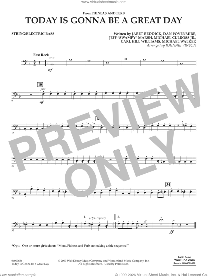 Today Is Gonna Be A Great Day sheet music for concert band (string/electric bass) by Carl Williams, Johnnie Vinson, Bowling For Soup, Phineas And Ferb, Dan Povenmire, Jeff 'Swampy' Marsh, Michael Culross and Michael Walker, intermediate skill level
