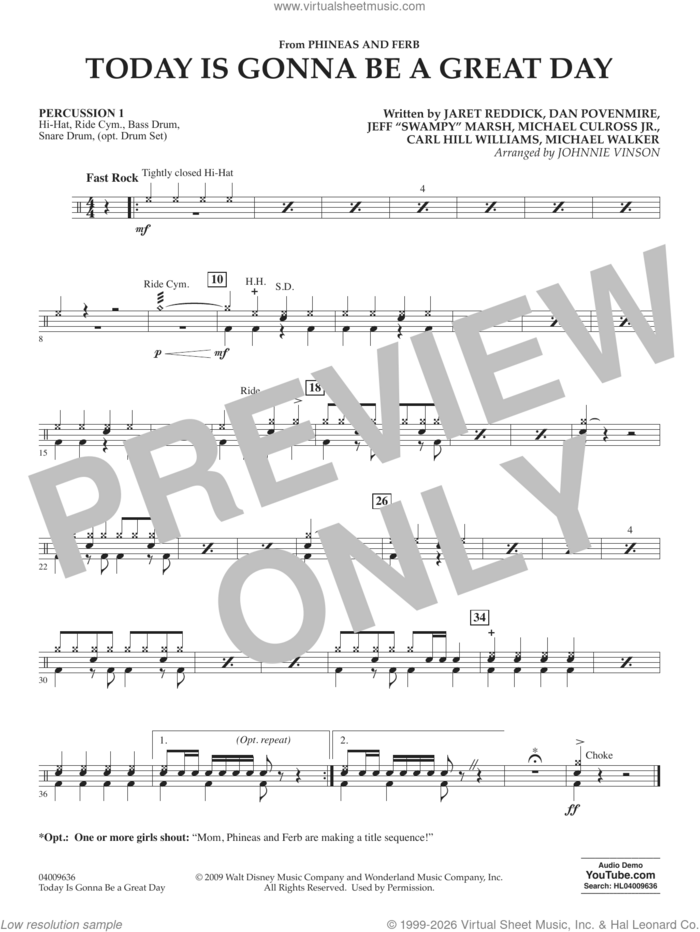 Today Is Gonna Be A Great Day sheet music for concert band (percussion 1) by Carl Williams, Johnnie Vinson, Bowling For Soup, Phineas And Ferb, Dan Povenmire, Jeff 'Swampy' Marsh, Michael Culross and Michael Walker, intermediate skill level
