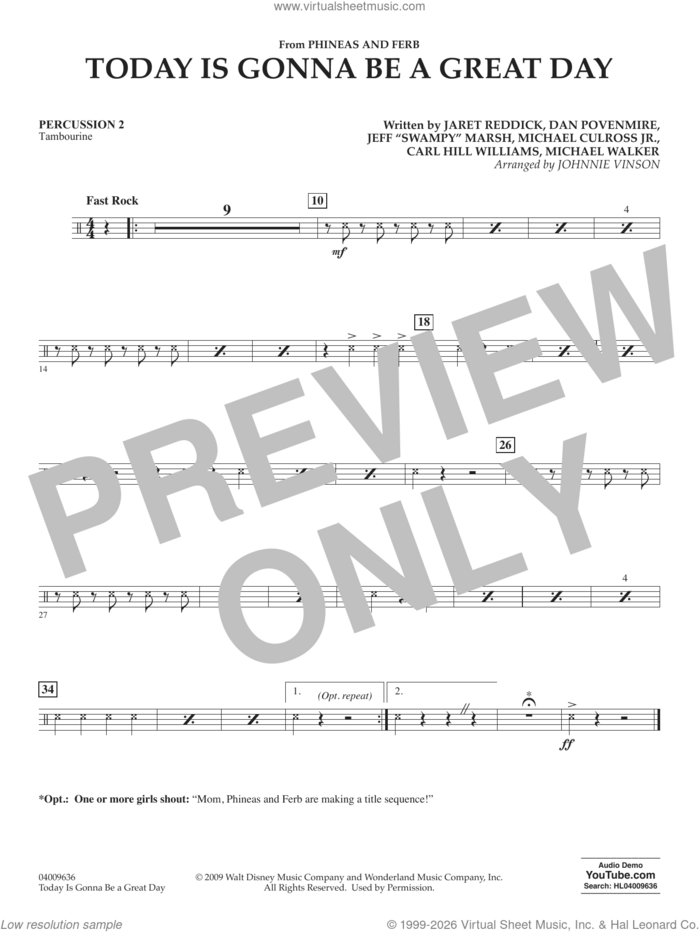 Today Is Gonna Be A Great Day sheet music for concert band (percussion 2) by Carl Williams, Johnnie Vinson, Bowling For Soup, Phineas And Ferb, Dan Povenmire, Jeff 'Swampy' Marsh, Michael Culross and Michael Walker, intermediate skill level