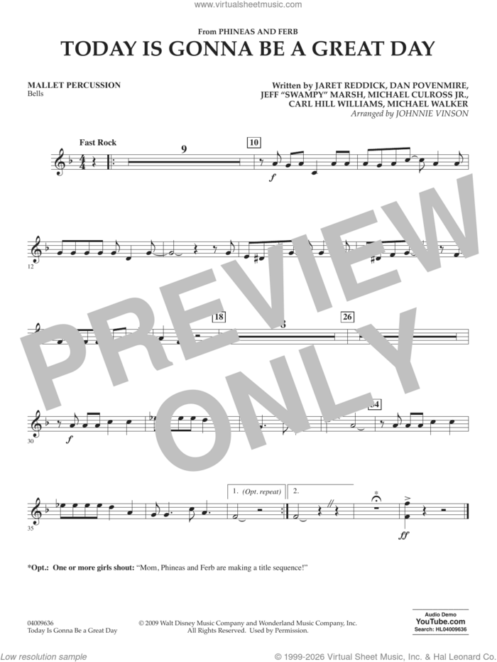 Today Is Gonna Be A Great Day sheet music for concert band (mallet percussion) by Carl Williams, Johnnie Vinson, Bowling For Soup, Phineas And Ferb, Dan Povenmire, Jeff 'Swampy' Marsh, Michael Culross and Michael Walker, intermediate skill level