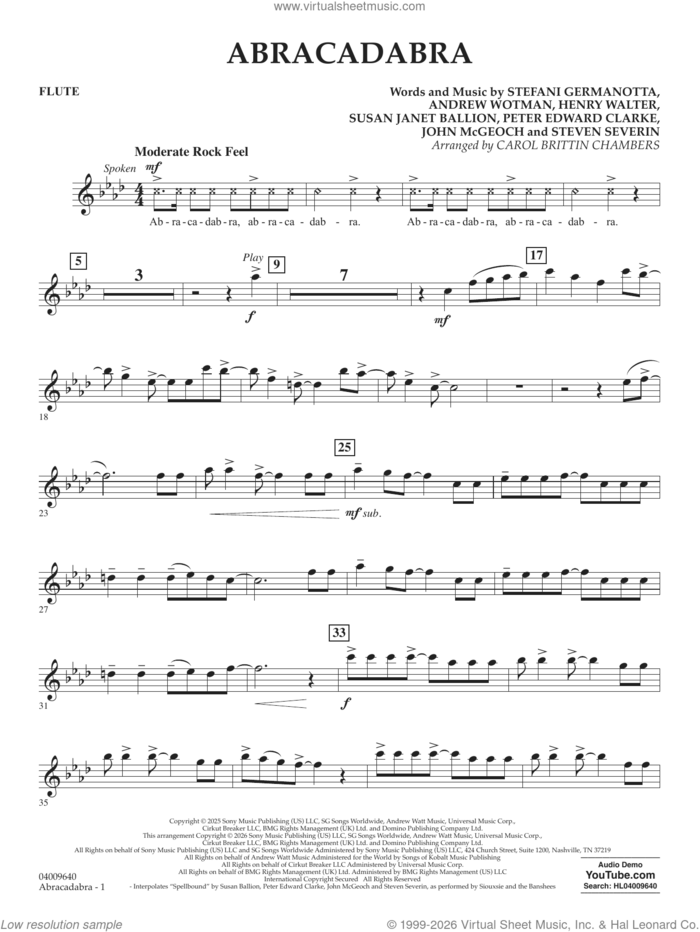 Abracadabra (arr. Chambers) sheet music for concert band (flute) by Lady Gaga, Carol Brittin Chambers, Andrew Wotman (Andrew Watt), John McGeoch, Peter Edward Clarke, Steven Severin and Susan Janet Ballion, intermediate skill level