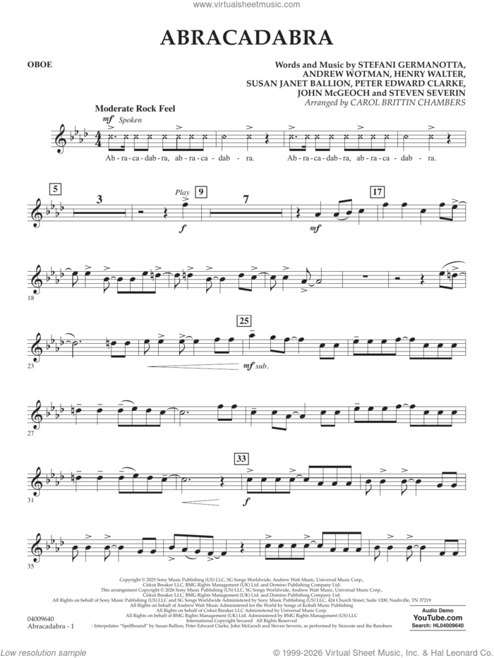 Abracadabra (arr. Chambers) sheet music for concert band (oboe) by Lady Gaga, Carol Brittin Chambers, Andrew Wotman (Andrew Watt), John McGeoch, Peter Edward Clarke, Steven Severin and Susan Janet Ballion, intermediate skill level