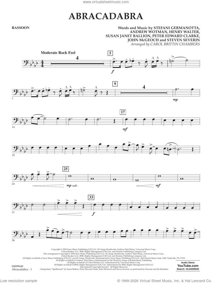 Abracadabra (arr. Chambers) sheet music for concert band (bassoon) by Lady Gaga, Carol Brittin Chambers, Andrew Wotman (Andrew Watt), John McGeoch, Peter Edward Clarke, Steven Severin and Susan Janet Ballion, intermediate skill level