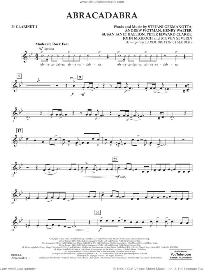 Abracadabra (arr. Chambers) sheet music for concert band (Bb clarinet 1) by Lady Gaga, Carol Brittin Chambers, Andrew Wotman (Andrew Watt), John McGeoch, Peter Edward Clarke, Steven Severin and Susan Janet Ballion, intermediate skill level
