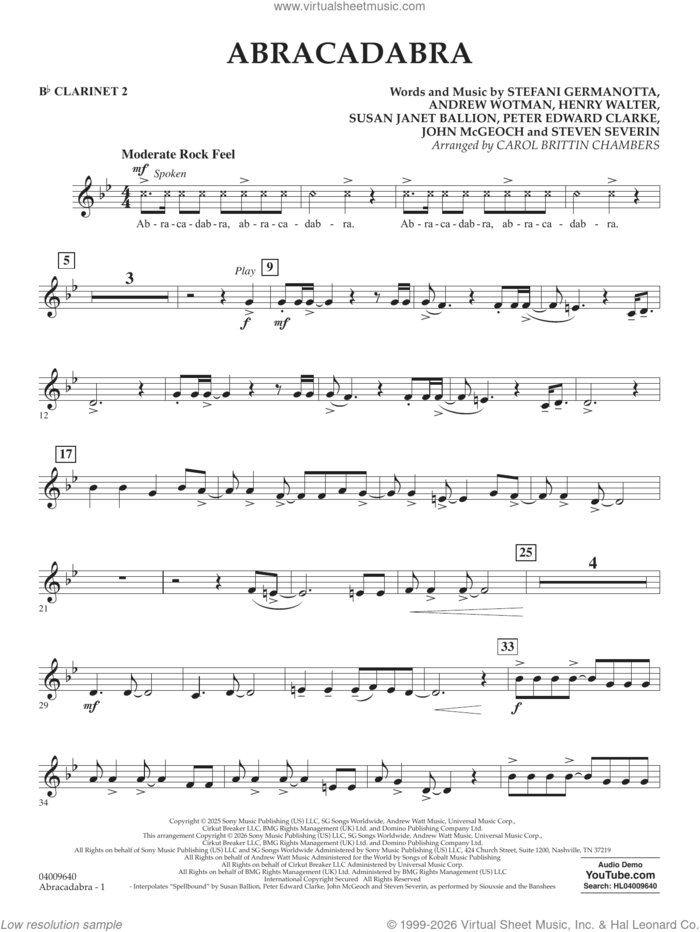 Abracadabra (arr. Chambers) sheet music for concert band (Bb clarinet 2) by Lady Gaga, Carol Brittin Chambers, Andrew Wotman (Andrew Watt), John McGeoch, Peter Edward Clarke, Steven Severin and Susan Janet Ballion, intermediate skill level