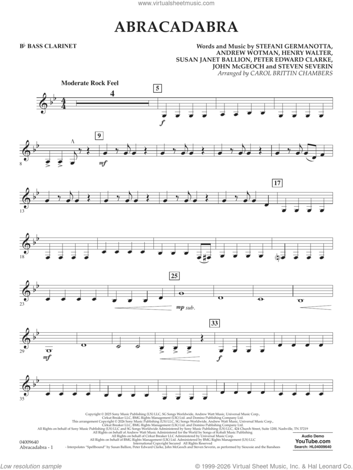 Abracadabra (arr. Chambers) sheet music for concert band (Bb bass clarinet) by Lady Gaga, Carol Brittin Chambers, Andrew Wotman (Andrew Watt), John McGeoch, Peter Edward Clarke, Steven Severin and Susan Janet Ballion, intermediate skill level