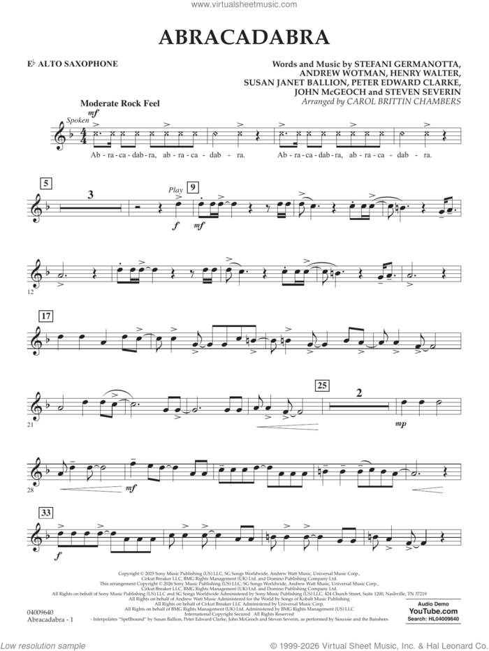 Abracadabra (arr. Chambers) sheet music for concert band (Eb alto saxophone) by Lady Gaga, Carol Brittin Chambers, Andrew Wotman (Andrew Watt), John McGeoch, Peter Edward Clarke, Steven Severin and Susan Janet Ballion, intermediate skill level