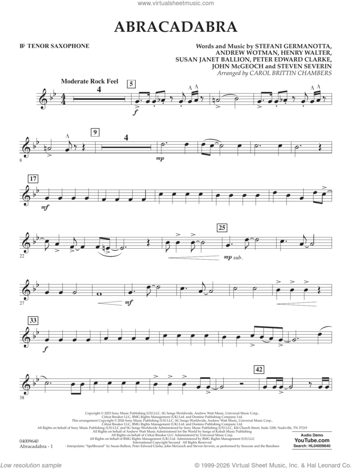 Abracadabra (arr. Chambers) sheet music for concert band (Bb tenor saxophone) by Lady Gaga, Carol Brittin Chambers, Andrew Wotman (Andrew Watt), John McGeoch, Peter Edward Clarke, Steven Severin and Susan Janet Ballion, intermediate skill level