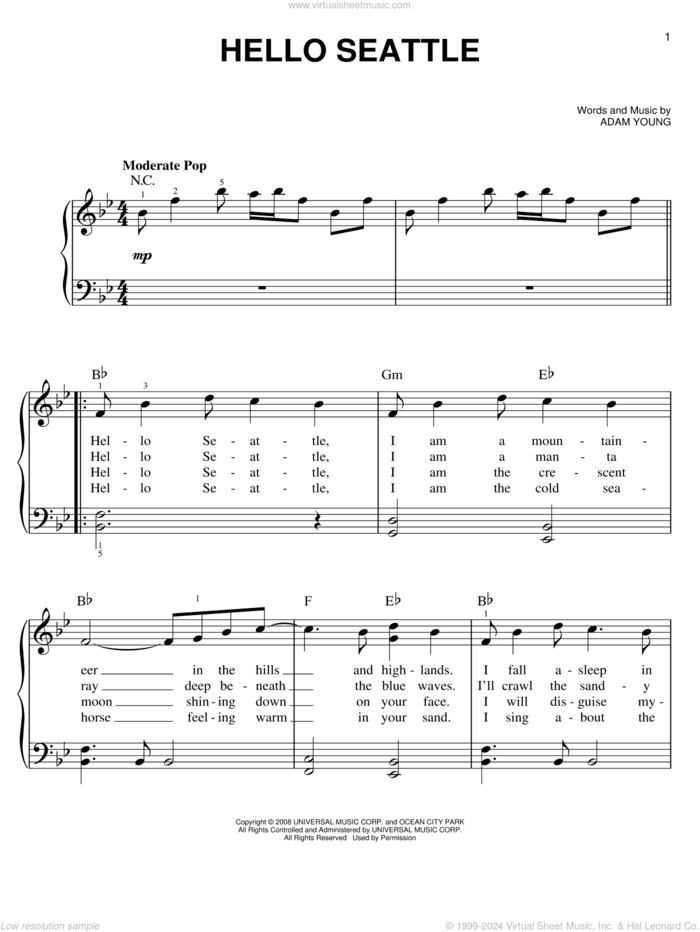 Hello Seattle sheet music for piano solo by Owl City and Adam Young, easy skill level
