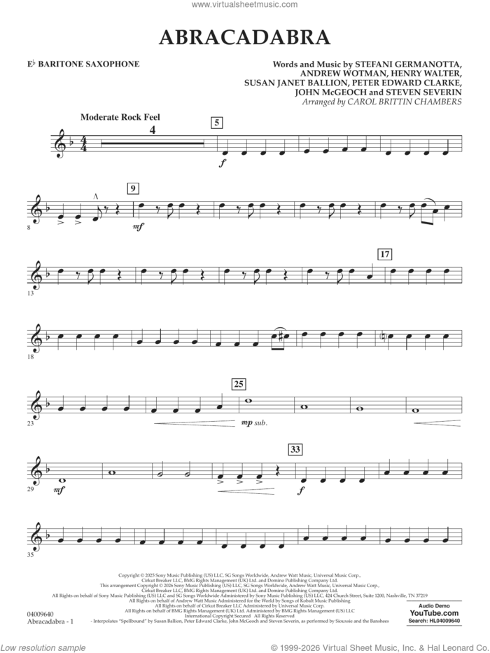 Abracadabra (arr. Chambers) sheet music for concert band (Eb baritone saxophone) by Lady Gaga, Carol Brittin Chambers, Andrew Wotman (Andrew Watt), John McGeoch, Peter Edward Clarke, Steven Severin and Susan Janet Ballion, intermediate skill level
