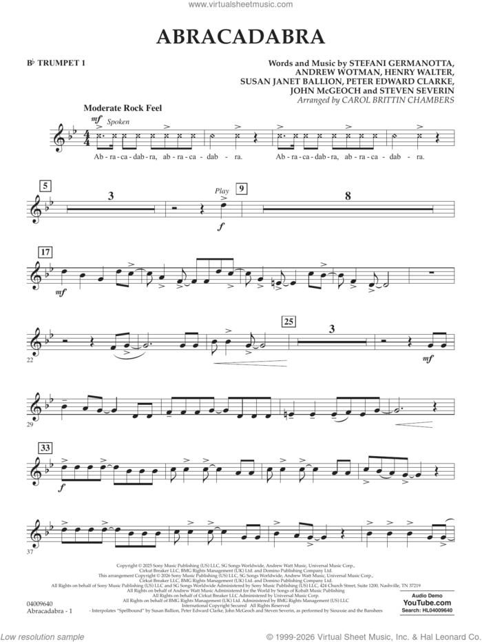 Abracadabra (arr. Chambers) sheet music for concert band (Bb trumpet 1) by Lady Gaga, Carol Brittin Chambers, Andrew Wotman (Andrew Watt), John McGeoch, Peter Edward Clarke, Steven Severin and Susan Janet Ballion, intermediate skill level