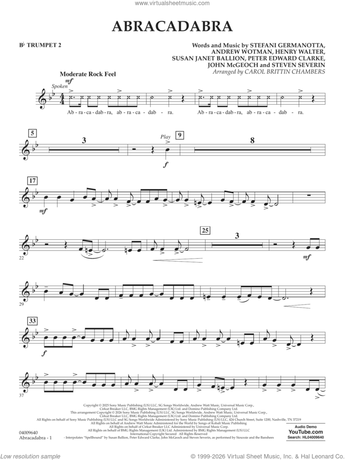 Abracadabra (arr. Chambers) sheet music for concert band (Bb trumpet 2) by Lady Gaga, Carol Brittin Chambers, Andrew Wotman (Andrew Watt), John McGeoch, Peter Edward Clarke, Steven Severin and Susan Janet Ballion, intermediate skill level