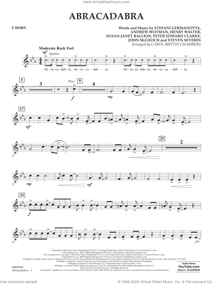 Abracadabra (arr. Chambers) sheet music for concert band (f horn) by Lady Gaga, Carol Brittin Chambers, Andrew Wotman (Andrew Watt), John McGeoch, Peter Edward Clarke, Steven Severin and Susan Janet Ballion, intermediate skill level