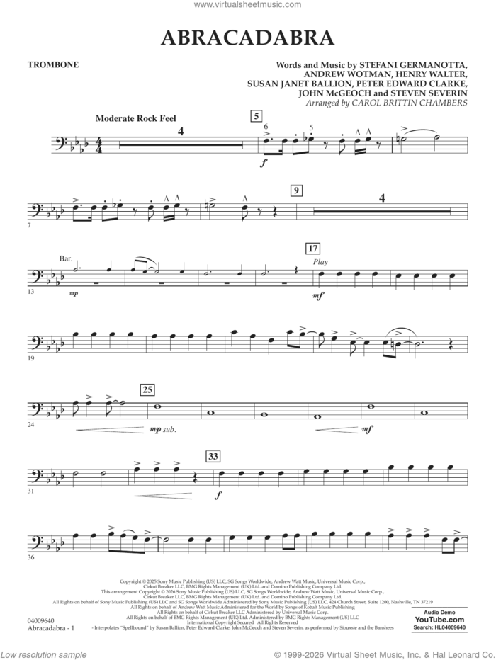 Abracadabra (arr. Chambers) sheet music for concert band (trombone) by Lady Gaga, Carol Brittin Chambers, Andrew Wotman (Andrew Watt), John McGeoch, Peter Edward Clarke, Steven Severin and Susan Janet Ballion, intermediate skill level