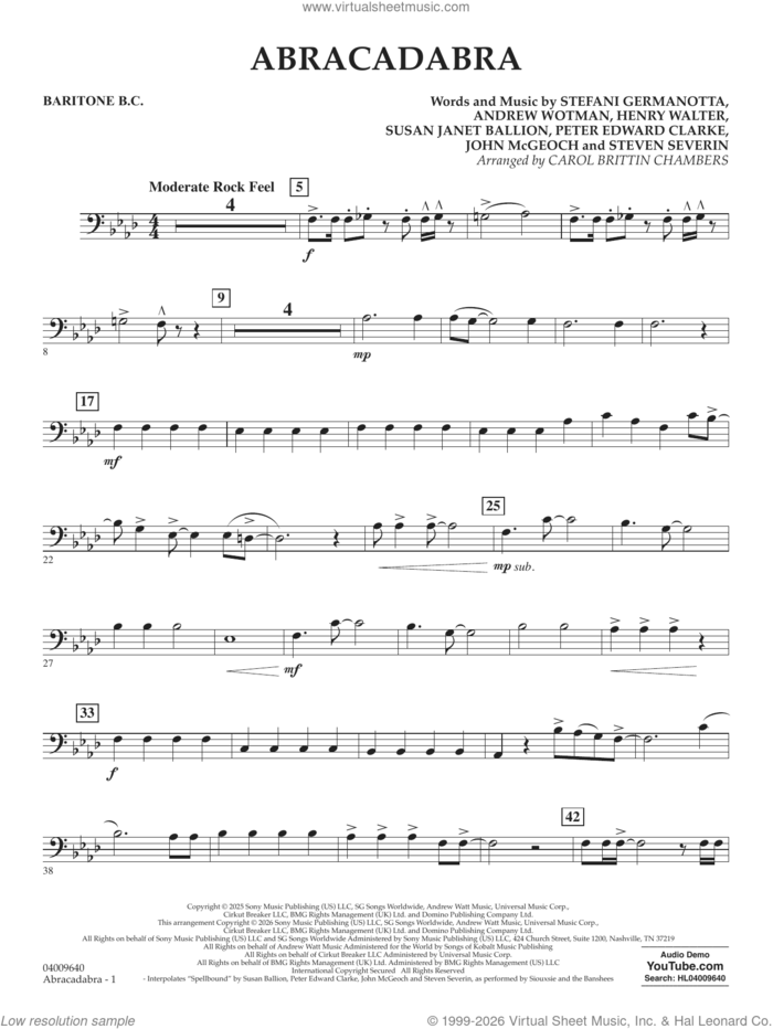 Abracadabra (arr. Chambers) sheet music for concert band (baritone b.c.) by Lady Gaga, Carol Brittin Chambers, Andrew Wotman (Andrew Watt), John McGeoch, Peter Edward Clarke, Steven Severin and Susan Janet Ballion, intermediate skill level